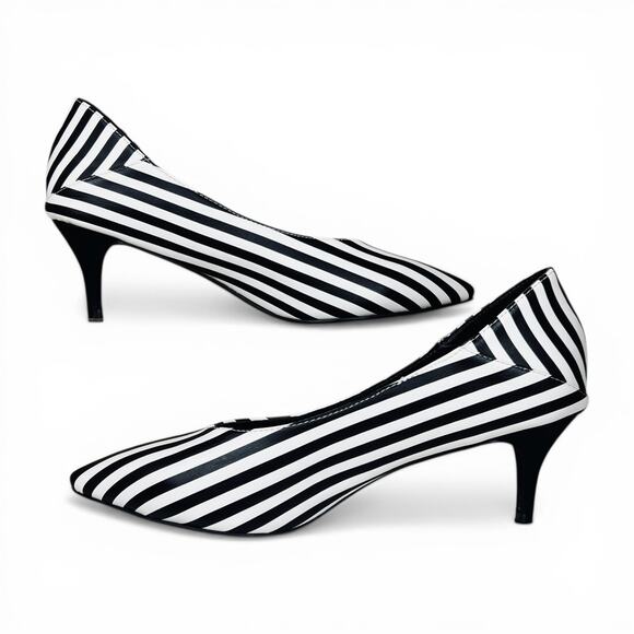 Catherine Malandrino Striped Kitten Heel Black White Point Toe Paris Chic 10 - Picture 3 of 7
